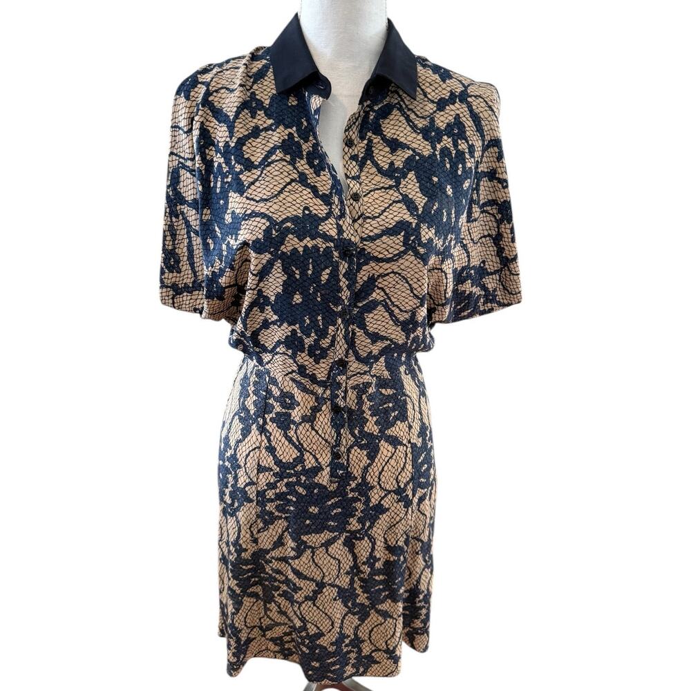 Wren Silk Chiffon Avant Garde Feminine Collared Dress Brown Lace Print S